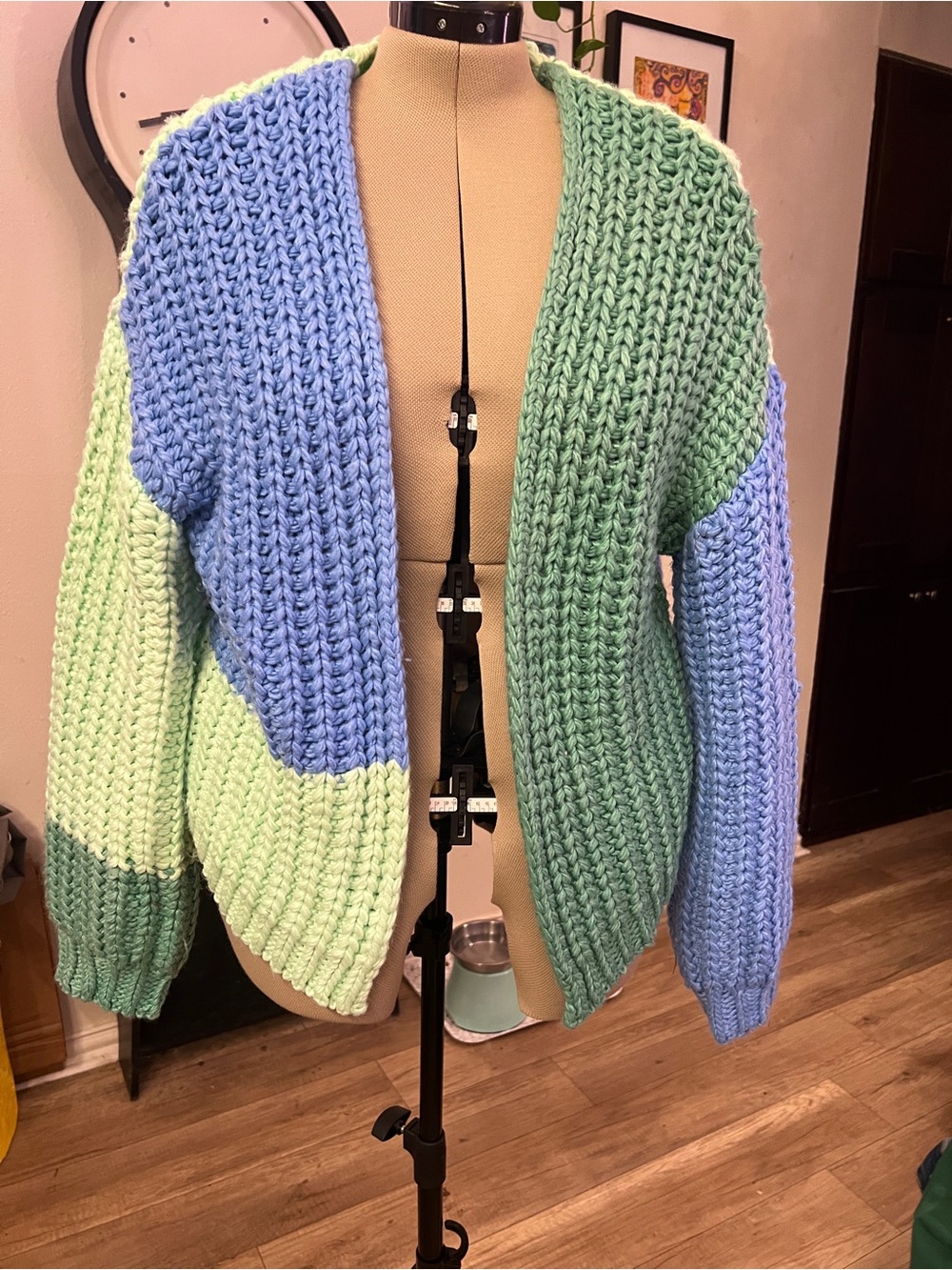 wild fable Blue and Mint Green Chunky Colorblock Open-Front Cardigan